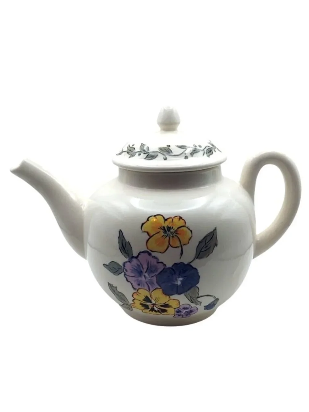 Vintage Hand Painted Pansies Floral Ceramic Teapot W/ Lid Spring 1970s Cottage
